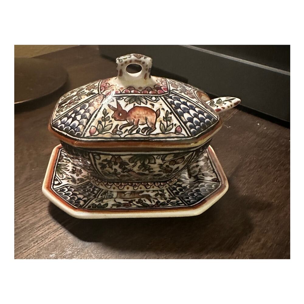 HAND PAINTED PORTUGUESE LIDDED TUREEN W/UNDERPLATE AND SPOON.